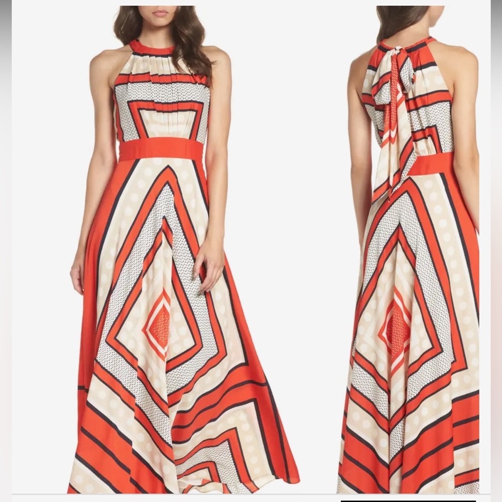 Eliza J Scarf Print Crepe de chine fit and flare maxi dress